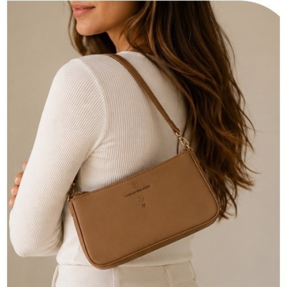 Amelie Galanti Tan Brown Vegan Leather Shoulder Bag Gold Hardware Crossbody